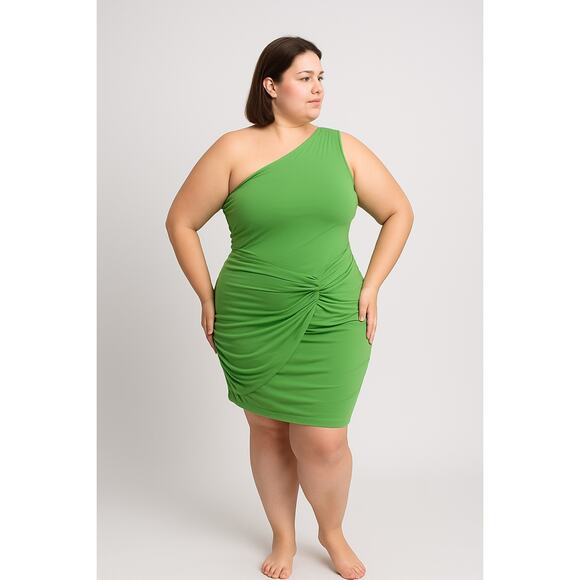 Sason One-Shoulder Ruched Bodycon Dress XL Green - Picture 4 of 5